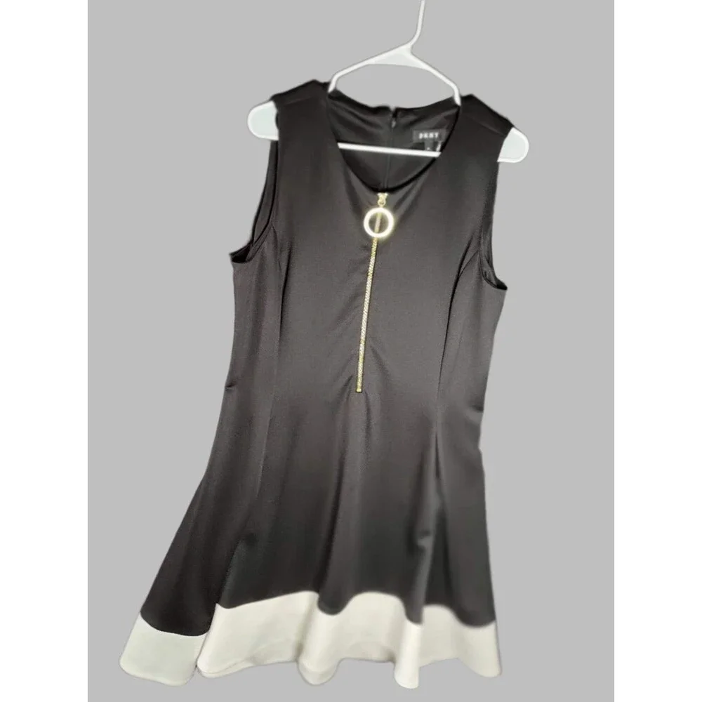 DKNY Black Dress with Zipper Front and White Hem Trim - Size 14 - Picture 4 of 4